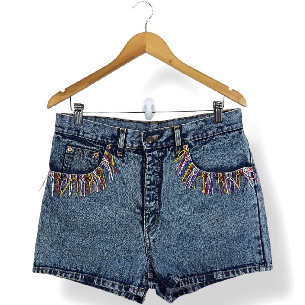 Vintage Womens Size 32 Short Denim Acid Wash High Waist Colorful Fringe Pockets